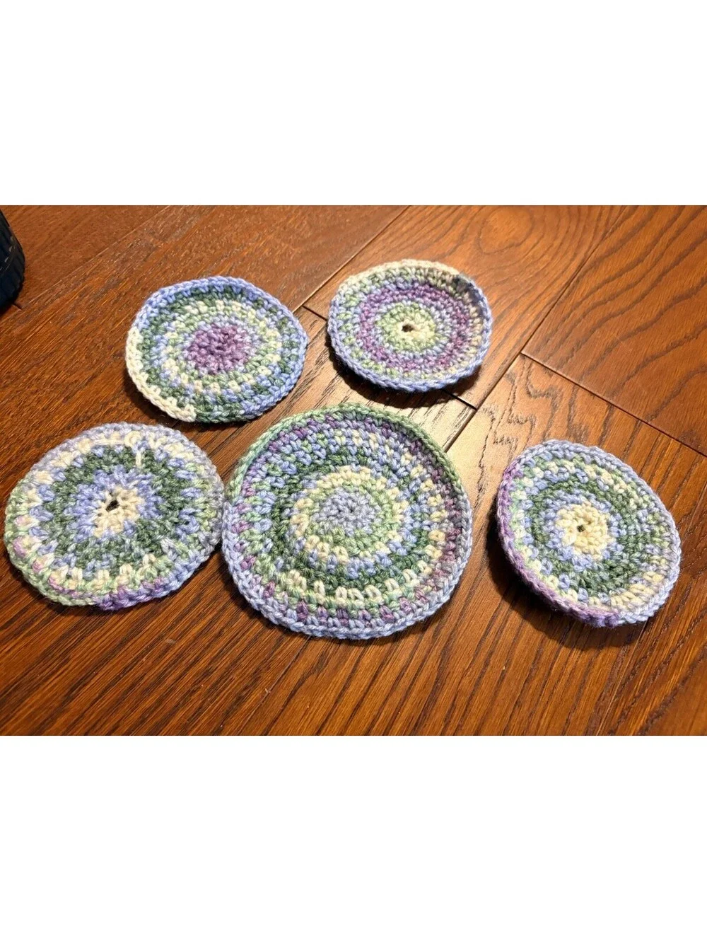 Crocheted Handmade Coasters Set Of 5 Purple Blue Green Cottagecore Vintage